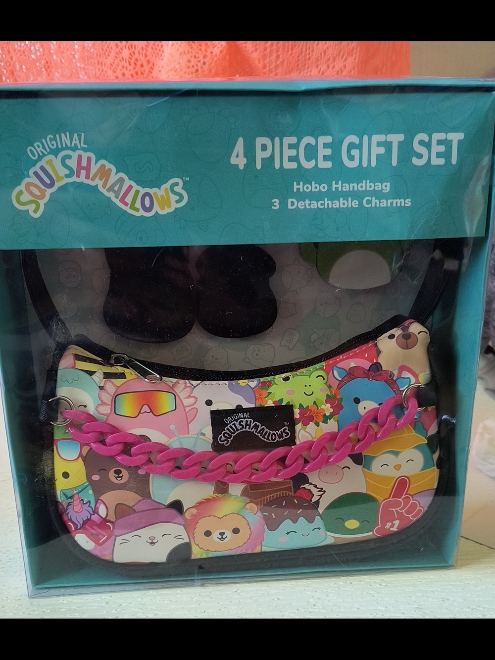 Squishmallows Multicolor Character Hobo Handbag with Pink Chain